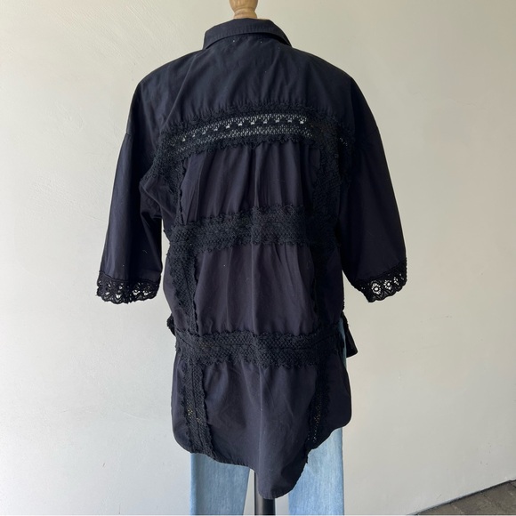 Tricia Fix for re_nuuly upcycled Black Lace Trim Button-Up Shirt sz M - Picture 9 of 12